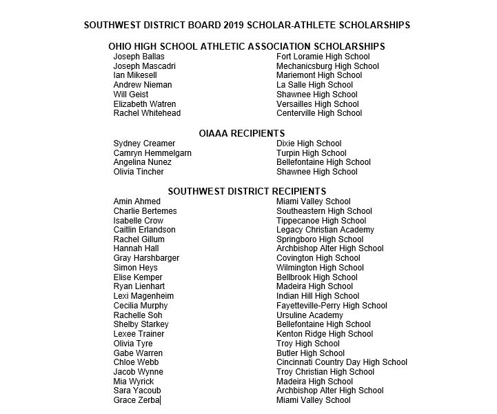 OHSAA SWDAB Home Scholarship Recipients